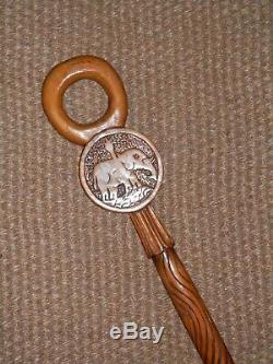 Antique African Tribal Hand-carved Crown & Elephant Wooden Walking Stick 88cm