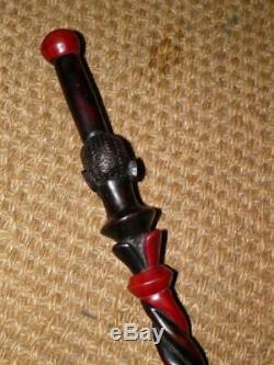 Antique African Tribal Wooden Twisted Walking Stick/Cane With Man's Face/Head