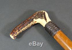 Antique Black Forest Deer Stag Horn Sterling Silver Wooden Walking Stick Cane