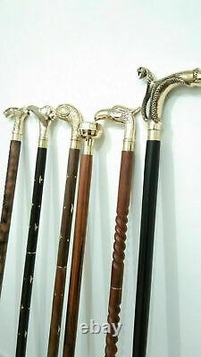 Antique Brass Handle Lot Of 6 Pieces Designer Head Walking Stick Wooden Cane
