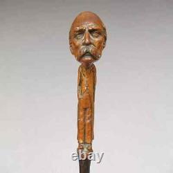 Antique Cane Clemenceau Walking Stick France Carved Statesman Art Hand head Rare