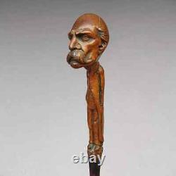 Antique Cane Clemenceau Walking Stick France Carved Statesman Art Hand head Rare