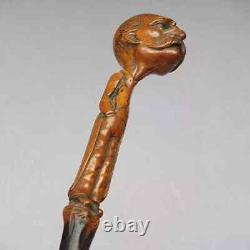 Antique Cane Clemenceau Walking Stick France Carved Statesman Art Hand head Rare