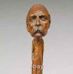 Antique Cane Clemenceau Walking Stick France Carved Statesman Art Hand head Rare