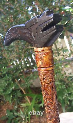 Antique Carved Resin Chinese Walking Stick /Wooden Dragon Handle Cane