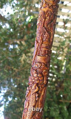 Antique Carved Resin Chinese Walking Stick /Wooden Dragon Handle Cane