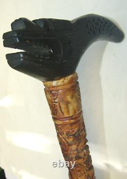 Antique Carved Resin Chinese Walking Stick /Wooden Dragon Handle Cane