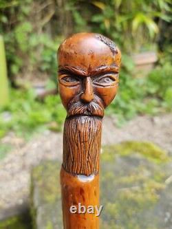 Antique Carved Wooden Japanese Head Walking Stick Steam Punk Steampunk
