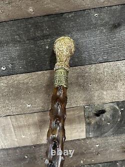 Antique Gold Filled Hand Carved Wooden Swagger Walking Stick Cane Sons Of Rest