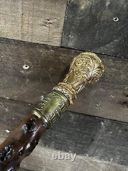 Antique Gold Filled Hand Carved Wooden Swagger Walking Stick Cane Sons Of Rest