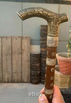Antique Old Indian Wooden Handcrafted Silver Flower Work Old Man Walking Stick