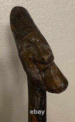 Antique Old Mans Face Carving Wooden Walking Stick Cane- 39 American Folk Art