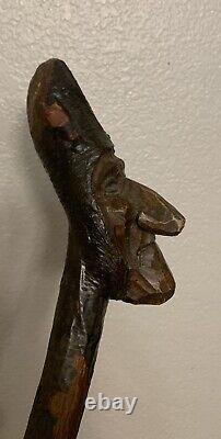 Antique Old Mans Face Carving Wooden Walking Stick Cane- 39 American Folk Art