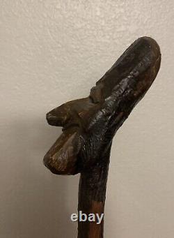 Antique Old Mans Face Carving Wooden Walking Stick Cane- 39 American Folk Art