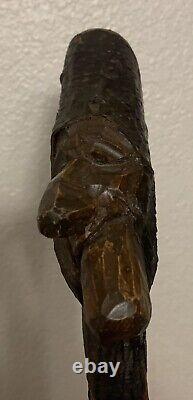 Antique Old Mans Face Carving Wooden Walking Stick Cane- 39 American Folk Art