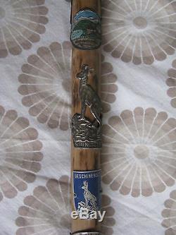 Antique Old Vintage Wooden Walking Stick Cane With Badge Swiss Weissenburgh