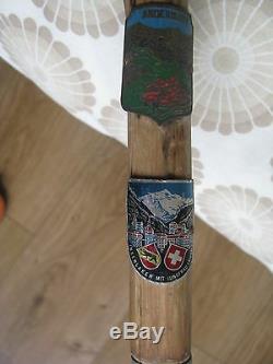 Antique Old Vintage Wooden Walking Stick Cane With Badges Swiss Weissenburgh