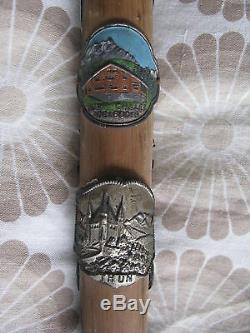Antique Old Vintage Wooden Walking Stick Cane With Badges Swiss Weissenburgh