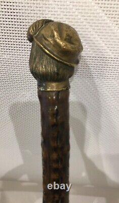 Antique Old Wooden Walking Stick Cane Bronze head Pommel Late 19th Century