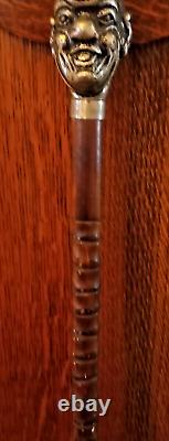 Antique Old Wooden Walking Stick Cane Silver Tone Head Late 19th Century