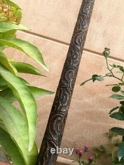 Antique Rare Wooden Hand Carved Unique Design Old Man/Woman Walking Stick