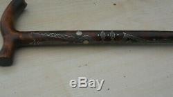 Antique Russian Wooden Inlaid Silver Walking Cane Stick Very Rare