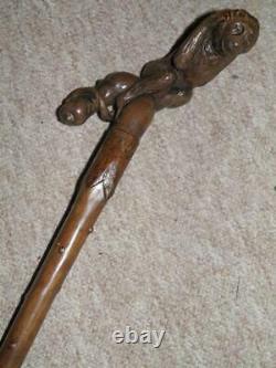Antique Rustic Hand-Carved Wooden Monkey Perched On Branch Walking Stick/Cane