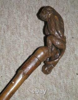 Antique Rustic Hand-Carved Wooden Monkey Perched On Branch Walking Stick/Cane