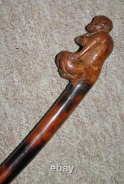 Antique Rustic Hand-Carved Wooden Sitting Ape Walking Stick/Cane