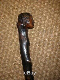 Antique Rustic Wooden Walking Cane/Stick With Hand Carved Face With Glass Eyes