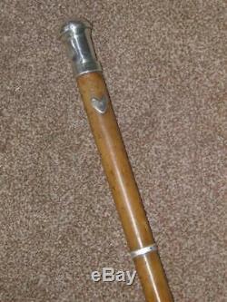 Antique Silver Plate Wooden Walking Stick/Cane With Inscribed Top'H. P