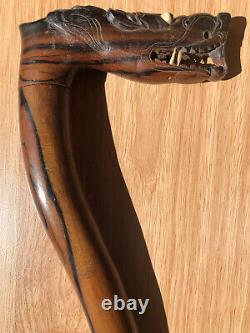 Antique Solid Macassar Ebony Wood Walking Stick Vintage Wooden Dragon Handle