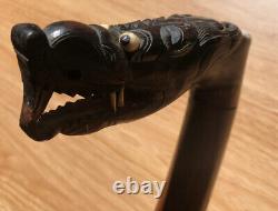 Antique Solid Macassar Ebony Wood Walking Stick Vintage Wooden Dragon Handle