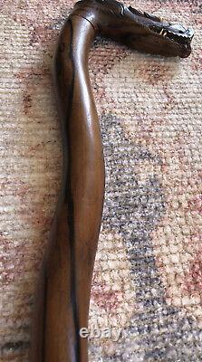 Antique Solid Macassar Ebony Wood Walking Stick Vintage Wooden Dragon Handle