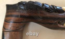 Antique Solid Macassar Ebony Wood Walking Stick Vintage Wooden Dragon Handle