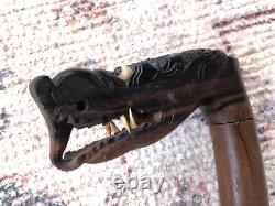 Antique Solid Macassar Ebony Wood Walking Stick Vintage Wooden Dragon Handle