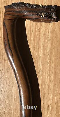 Antique Solid Macassar Ebony Wood Walking Stick Vintage Wooden Dragon Handle