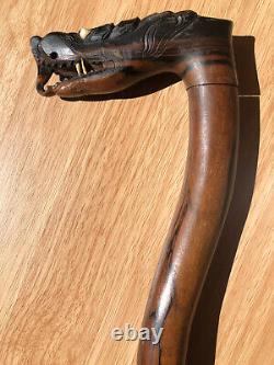 Antique Solid Macassar Ebony Wood Walking Stick Vintage Wooden Dragon Handle