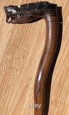 Antique Solid Macassar Ebony Wood Walking Stick Vintage Wooden Dragon Handle