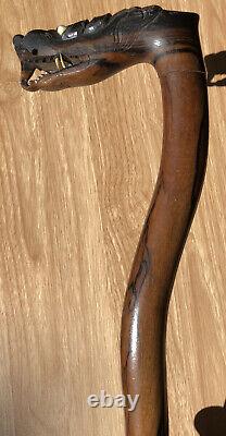 Antique Solid Macassar Ebony Wood Walking Stick Vintage Wooden Dragon Handle