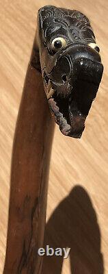 Antique Solid Macassar Ebony Wood Walking Stick Vintage Wooden Dragon Handle