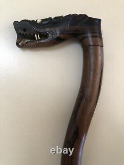 Antique Solid Macassar Ebony Wood Walking Stick Vintage Wooden Dragon Handle