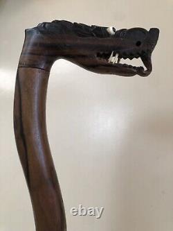 Antique Solid Macassar Ebony Wood Walking Stick Vintage Wooden Dragon Handle