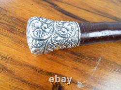 Antique Solid Silver Handle Mounted Cane Walking Stick Wooden Evening Accessory
