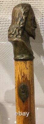 Antique Unique Wooden Walking Stick Cane Bronze head Pommel Late 18th Century