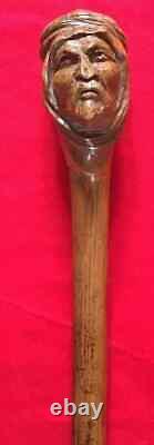 Antique Unique Wooden Walking Stick Cane Folk Art Man Head Pommel 19th Century