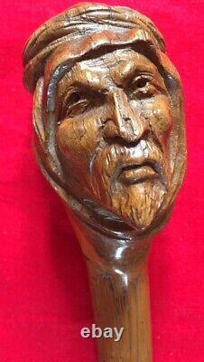 Antique Unique Wooden Walking Stick Cane Folk Art Man Head Pommel 19th Century