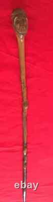 Antique Unique Wooden Walking Stick Cane Folk Art Man Head Pommel 19th Century