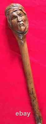 Antique Unique Wooden Walking Stick Cane Folk Art Man Head Pommel 19th Century