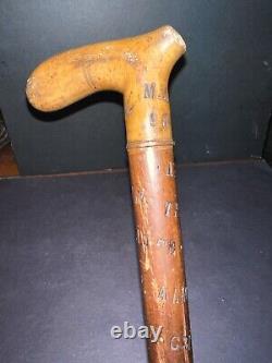 Antique Victorian Wooden Cane Walking Stick 1876 Switzerland Engraved Towns